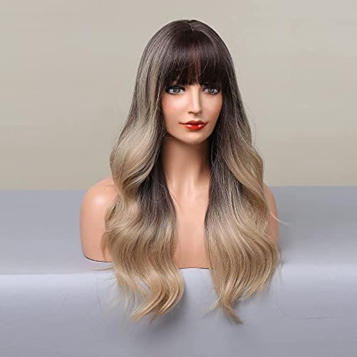DILLARDS Emmor Long Ombre Gray Blonde Wave Wig With Bangs Dark Roots Curly Wig For Women Synthetic Wig Natural Looking Heat Resistant Fiber Wigs (B09X6Tx5Ym) - Image 5